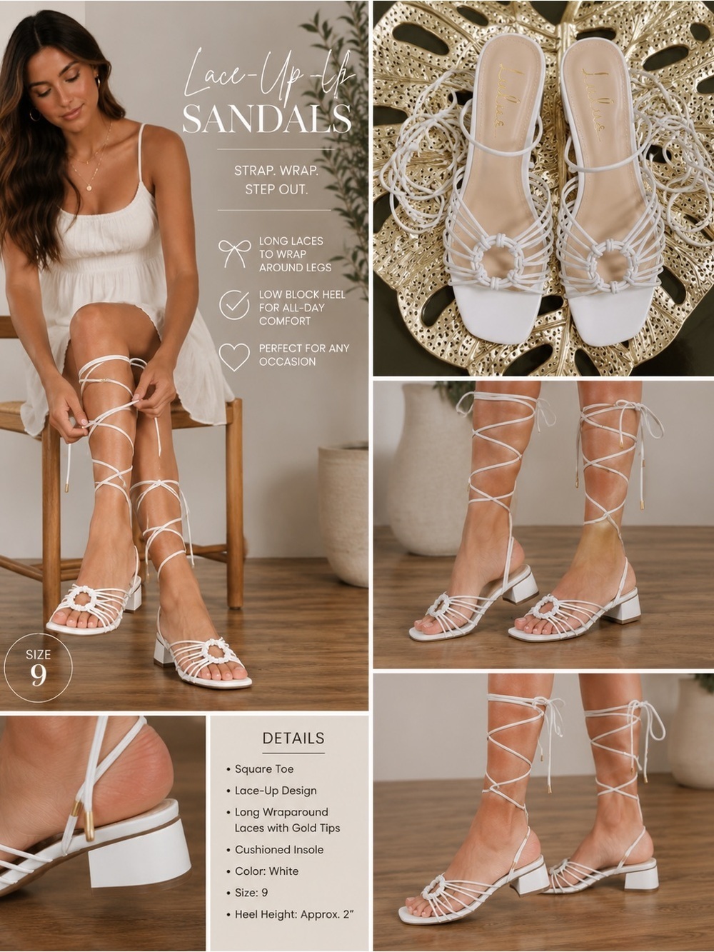 Lulus White Strappy Lace Up Block Heel Sandals Size 9